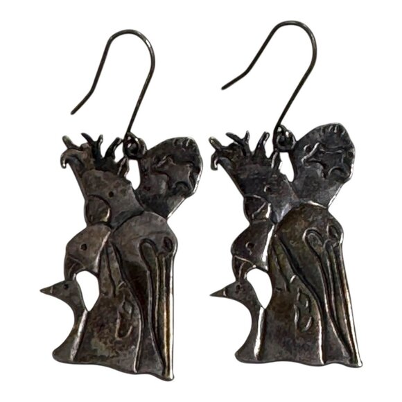 Vintage Signed Sterling Silver Bird & Woman Ambiguous Pelican Cockatoo Earrings - Picture 1 of 8